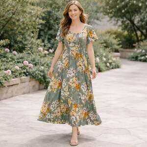 Kate & Lily Sage Green Floral Maxi Dress Flutter Sleeve Smocked Waist 12